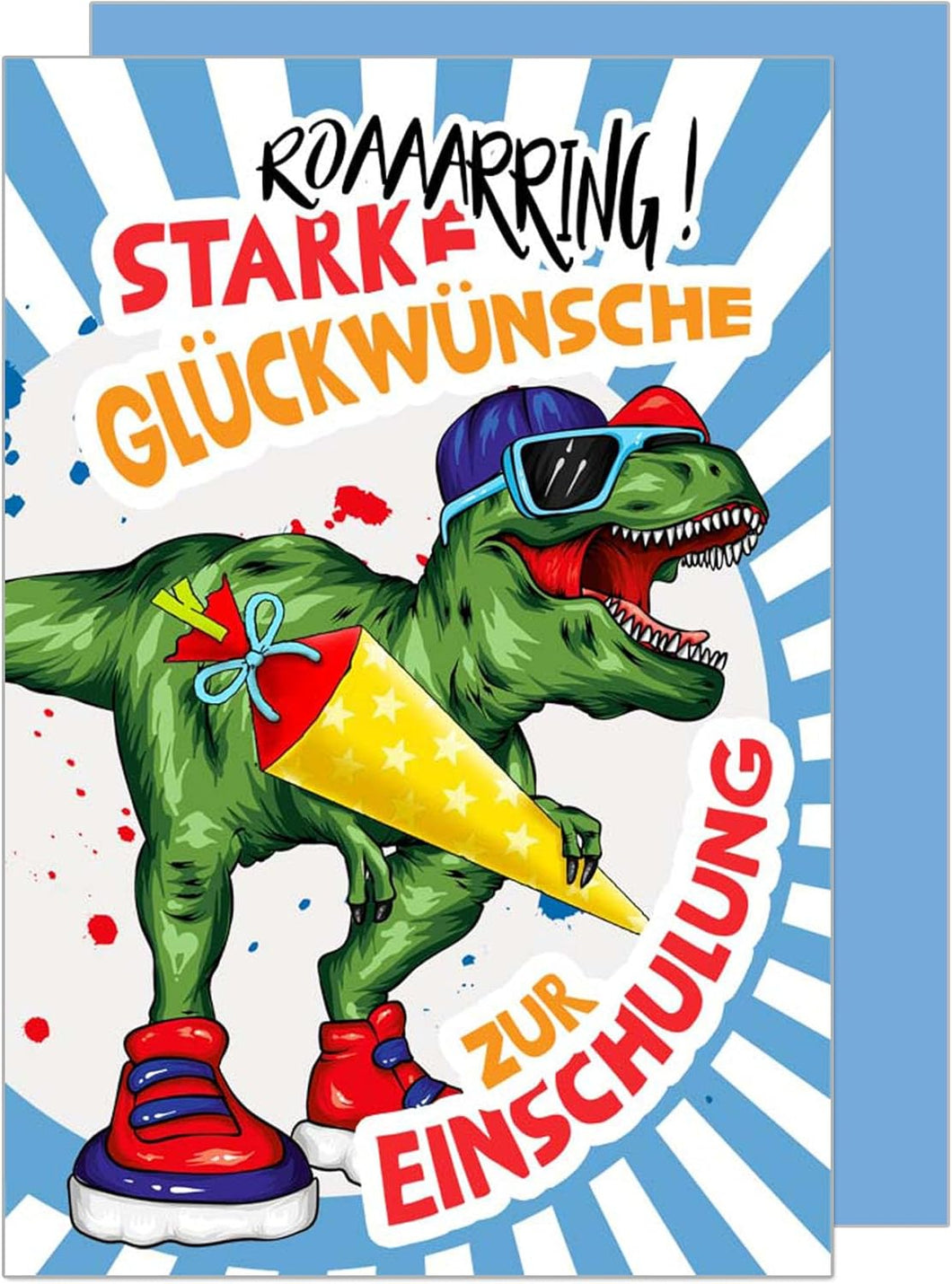 Edition Seidel Premium Glückwunschkarte zur Einschulung mit Umschlag. Einschulungskarte mit Spruch Karte Grusskarte Kind Mädchen Junge Schulanfang 1. Klasse Dinosaurier (ES146 SW024)
