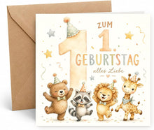 Laden Sie das Bild in den Galerie-Viewer, Edition Seidel Premium quadratische Glückwunschkarte zum 1. Geburtstag mit Umschlag. Grußkarte Kinderkarte Karte Spruch Alles Gute für Baby Junge Mädchen niedlich süß Tiere (GQ893 SW026)
