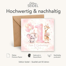 Laden Sie das Bild in den Galerie-Viewer, Edition Seidel Premium quadratische Glückwunschkarte zum 1. Geburtstag mit Umschlag. Grußkarte Kinderkarte Karte Spruch Alles Gute für Baby Junge Mädchen niedlich süß Tiere (GQ896 SW026)
