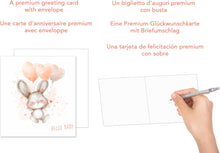 Laden Sie das Bild in den Galerie-Viewer, Edition Seidel Premium quadratische Glückwunschkarte zur Geburt mit Umschlag. Karte Grußkarte Babykarte Hello Baby Billet Junge Mädchen Hase Luftballons Herzen (EQ103 SW024)
