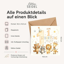 Laden Sie das Bild in den Galerie-Viewer, Edition Seidel Premium quadratische Glückwunschkarte zum 1. Geburtstag mit Umschlag. Grußkarte Kinderkarte Karte Spruch Alles Gute für Baby Junge Mädchen niedlich süß Tiere (GQ893 SW026)
