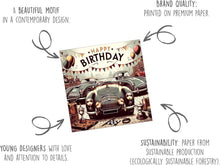 Laden Sie das Bild in den Galerie-Viewer, Edition Seidel Premium quadratische Geburtstagskarte mit Umschlag. Glückwunschkarte Happy Birthday Billet Karte für Mann Vater Sohn Opa Freund Auto Oldtimer (GQ272 SW024)
