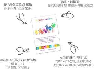 Edition Seidel Premium Glückwunschkarte zur Kommunion mit Umschlag. Kommunionskarte mit Spruch Grusskarte Karte bunte Hände Junge Mädchen (KO180 SW023)