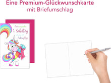 Laden Sie das Bild in den Galerie-Viewer, Edition Seidel Premium Glückwunschkarte zur Einschulung mit Umschlag. Einschulungskarte Karte Grusskarte Kind Mädchen Einhorn Schulanfang (ES119 SW022)

