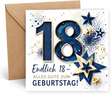 Laden Sie das Bild in den Galerie-Viewer, Edition Seidel Premium quadratische Glückwunschkarte zum 18. Geburtstag mit Umschlag. Grußkarte Karte Spruch Alles Gute für Frau Mann Teenager volljährig achtzehn lustig elegant (GQ922 SW026)
