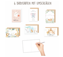 Load image into Gallery viewer, Edition Seidel Set 6 Glückwunschkarten zur Geburt mit Umschlag. Grußkarten Doppelkarten Klappkarten Kartenset Karte Babykarte Spruch Mädchen Junge Baby Kleines Wunder (SW026)

