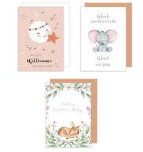 Load image into Gallery viewer, Edition Seidel Set 6 Glückwunschkarten zur Geburt mit Umschlag. Grußkarten Doppelkarten Klappkarten Kartenset Karte Babykarte Spruch Mädchen Junge Baby Kleines Wunder (SW026)
