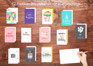 Set 12 exklusive Geburtstagskarten mit Umschlag (20188)