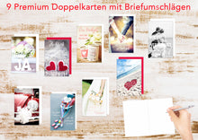 Laden Sie das Bild in den Galerie-Viewer, Set 9 hochwertige Designer Premium Hochzeitskarten mit Briefumschlägen (20278)
