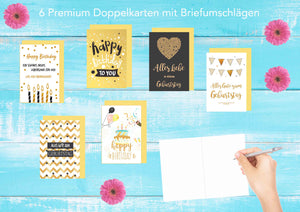 Set 6 exklusive Geburtstagskarten mit feiner Goldprägung und Umschlag (20090)
