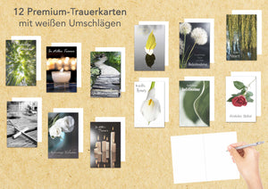 Set 12 einfühlsame Premium-Trauerkarten/Beileidskarten mit Umschlag (20196)