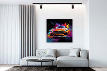 Laden Sie das Bild in den Galerie-Viewer, Edition Seidel Premium Wandbild Mercedes AMG orange auf hochwertiger Leinwand (80x80 cm) gerahmt. Leinwandbild Kunstdruck Pop Art Bild stylish Wohnung Büro Loft Lounge Bar Galerie Lobby
