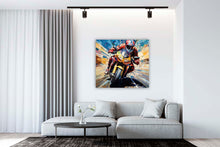 Laden Sie das Bild in den Galerie-Viewer, Edition Seidel Premium Wandbild Motorrad Fahrer Style auf hochwertiger Leinwand (60x60 cm) gerahmt. Leinwandbild Kunstdruck Pop Art Bild stylish Wohnung Büro Loft Lounge Bars Galerie Lobby
