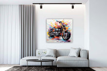 Laden Sie das Bild in den Galerie-Viewer, Edition Seidel Premium Wandbild Motorrad Graffiti auf hochwertiger Leinwand (80x80 cm) gerahmt. Leinwandbild Kunstdruck Pop Art Bild stylish Wohnung Büro Loft Lounge Bar Galerie Lobby
