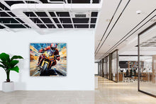 Laden Sie das Bild in den Galerie-Viewer, Edition Seidel Premium Wandbild Motorrad Fahrer Style auf hochwertiger Leinwand (60x60 cm) gerahmt. Leinwandbild Kunstdruck Pop Art Bild stylish Wohnung Büro Loft Lounge Bars Galerie Lobby
