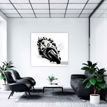 Laden Sie das Bild in den Galerie-Viewer, Edition Seidel Premium Wandbild Motorrad schwarz weiß auf hochwertiger Leinwand (80x80 cm) gerahmt. Leinwandbild Kunstdruck Pop Art Bild stylish Wohnung Büro Loft Lounge Bar Galerie Lobby
