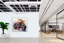 Laden Sie das Bild in den Galerie-Viewer, Edition Seidel Premium Wandbild Motorrad Graffiti auf hochwertiger Leinwand (80x80 cm) gerahmt. Leinwandbild Kunstdruck Pop Art Bild stylish Wohnung Büro Loft Lounge Bar Galerie Lobby
