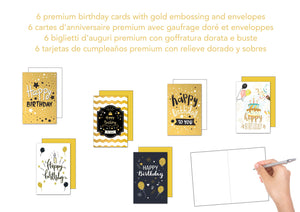 Edition Seidel Set 6 Premium Geburtstagskarten mit Goldprägung und Umschlag. Happy Birthday Karte Glückwunschkarte zum Geburtstag Mann Frau Gold Sprüche