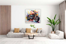 Laden Sie das Bild in den Galerie-Viewer, Edition Seidel Premium Wandbild Motorrad Graffiti auf hochwertiger Leinwand (80x80 cm) gerahmt. Leinwandbild Kunstdruck Pop Art Bild stylish Wohnung Büro Loft Lounge Bar Galerie Lobby
