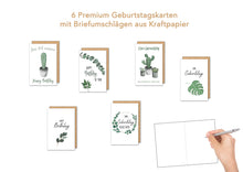 Laden Sie das Bild in den Galerie-Viewer, Edition Seidel Set 6 Premium Geburtstagskarten mit Briefumschlägen aus Kraftpapier. Happy Birthday Karte Glückwunschkarte zum Geburtstag Geburtstagskarte Mann Frau Grün Blätter Kaktus 50 60 70
