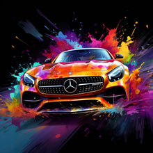 Laden Sie das Bild in den Galerie-Viewer, Edition Seidel Premium Wandbild Mercedes AMG orange auf hochwertiger Leinwand (80x80 cm) gerahmt. Leinwandbild Kunstdruck Pop Art Bild stylish Wohnung Büro Loft Lounge Bar Galerie Lobby
