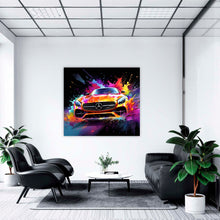 Laden Sie das Bild in den Galerie-Viewer, Edition Seidel Premium Wandbild Mercedes AMG orange auf hochwertiger Leinwand (80x80 cm) gerahmt. Leinwandbild Kunstdruck Pop Art Bild stylish Wohnung Büro Loft Lounge Bar Galerie Lobby
