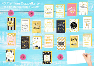 Edition Seidel Set 40 (2 x 20) exklusive Premium Geburtstagskarten mit Briefumschlag. Glückwunschkarte Grusskarte Geburtstag Geburtstagskarte Karten Happy Birthday Sprüche