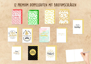 Edition Seidel Set 12 exklusive Premium Geburtstagskarten mit Umschlag. Glückwunschkarte Grusskarte Geburtstag Geburtstagskarte Mann Frau Karten Happy Birthday Billet Sprüche