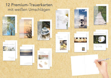 Laden Sie das Bild in den Galerie-Viewer, Set 12 einfühlsame Premium-Trauerkarten mit Silber-Prägung/Beileidskarten mit Umschlag. Trauerkarte Beileidskarte mit Spruch schreiben (Doppelkarten/Klappkarten mit Briefumschlag (20193))
