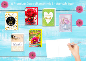 Set 6 exklusive Danke Karten mit Umschlag. Doppelkarten/Klappkarten mit Briefumschlag. Postkarten